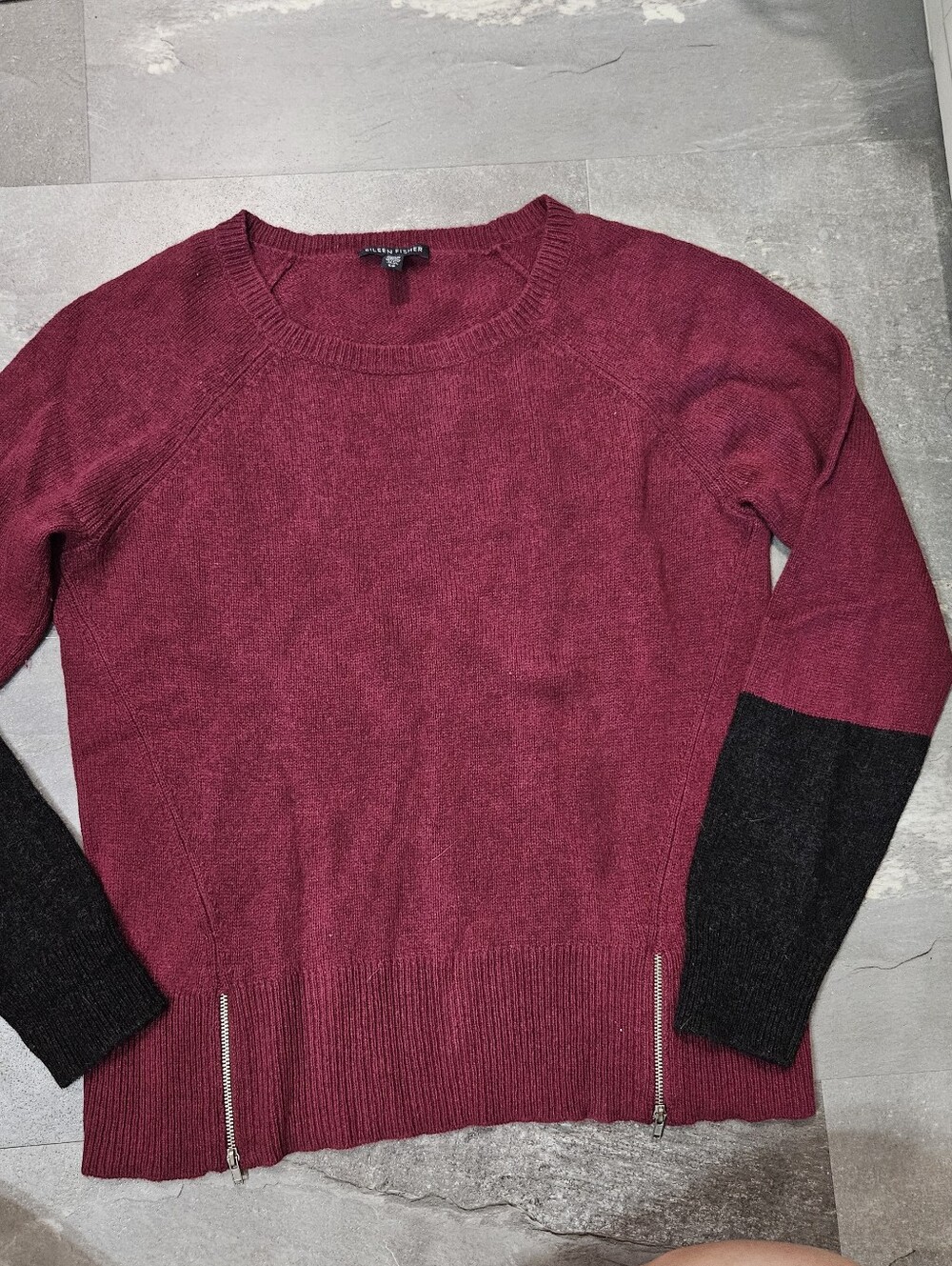 Eileen Fisher Crewneck Knit Long Sleeve Sweater. Red, Dark Grey. Yak, Merino. S